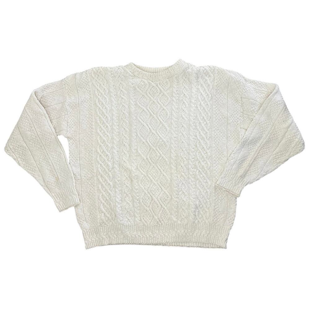 Isle Knitters Cream Cable Knit sweater fisherman preppy vintage coastal neutral